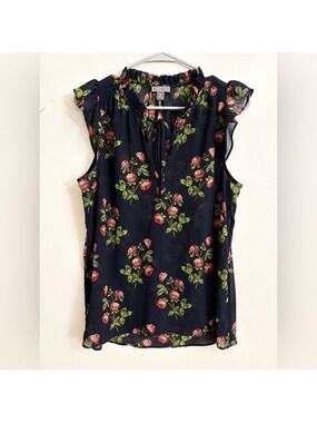 J.Crew Point Sur Floral Ruffle Neck Sleeveless Tie-Neck Blouse Size M